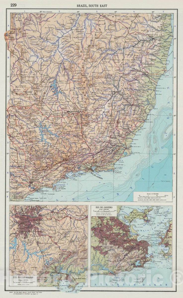 Brazil, Sao Paulo and Rio de Janeiro - Physical Map, 1967 - Historical Map Print