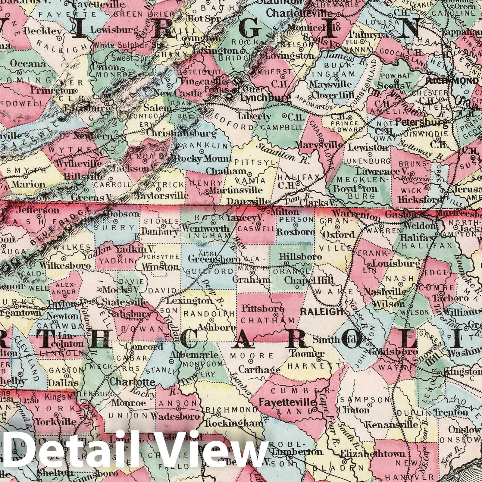 Maryland, Virginia, North Carolina, South Carolina - Physical Map, 1858 - Historical Map Print