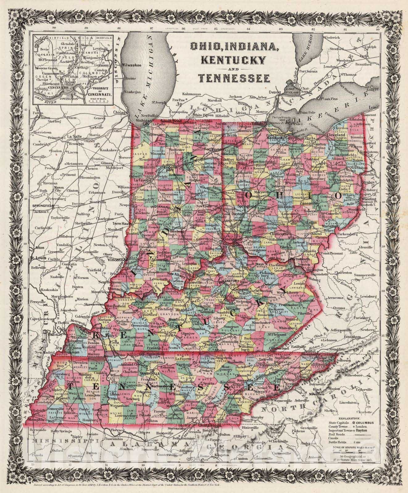 Ohio, Indiana, Kentucky, Tennessee - Physical Map, 1858 - Colton's Atlas Print