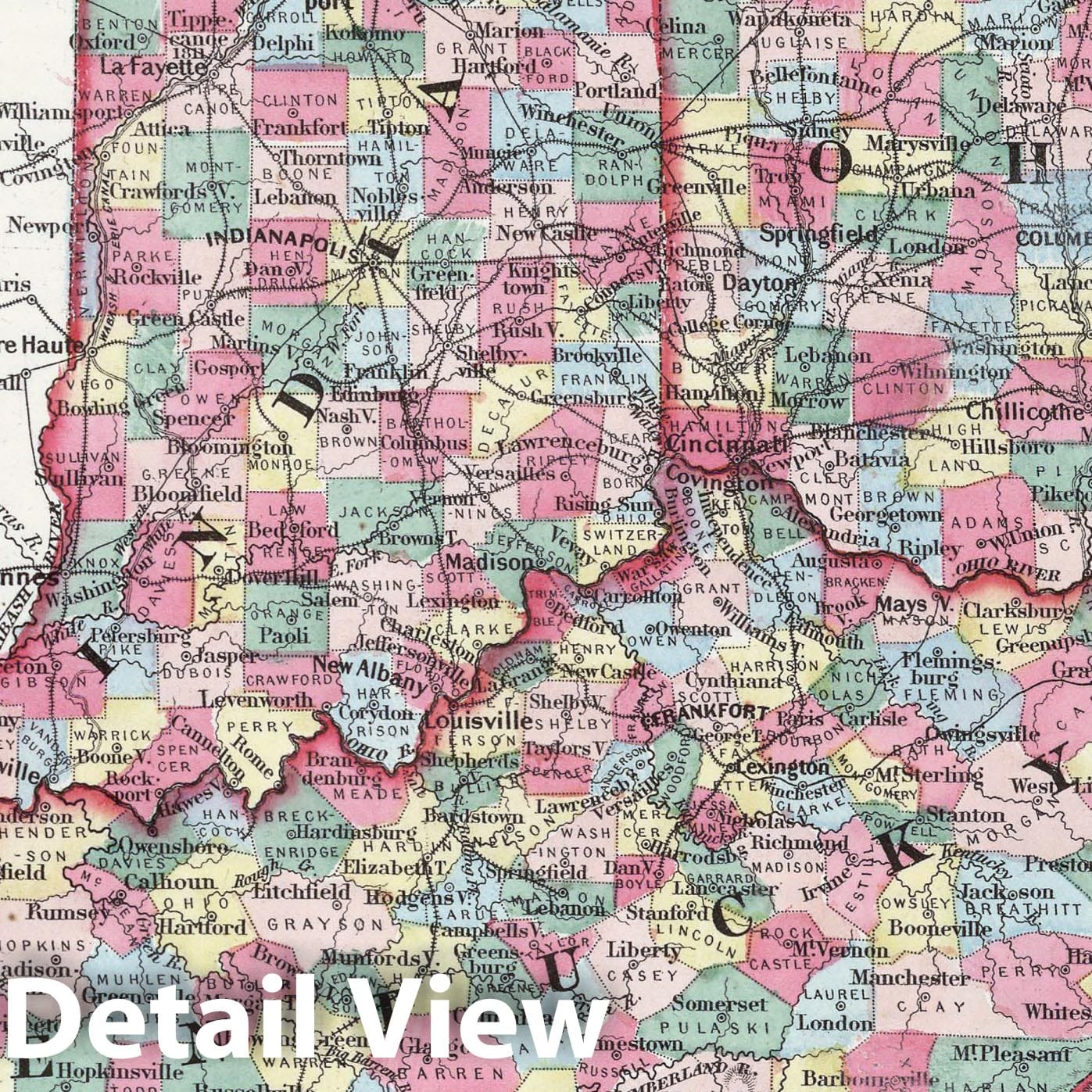 Ohio, Indiana, Kentucky, Tennessee - Physical Map, 1858 - Colton's Atlas Print