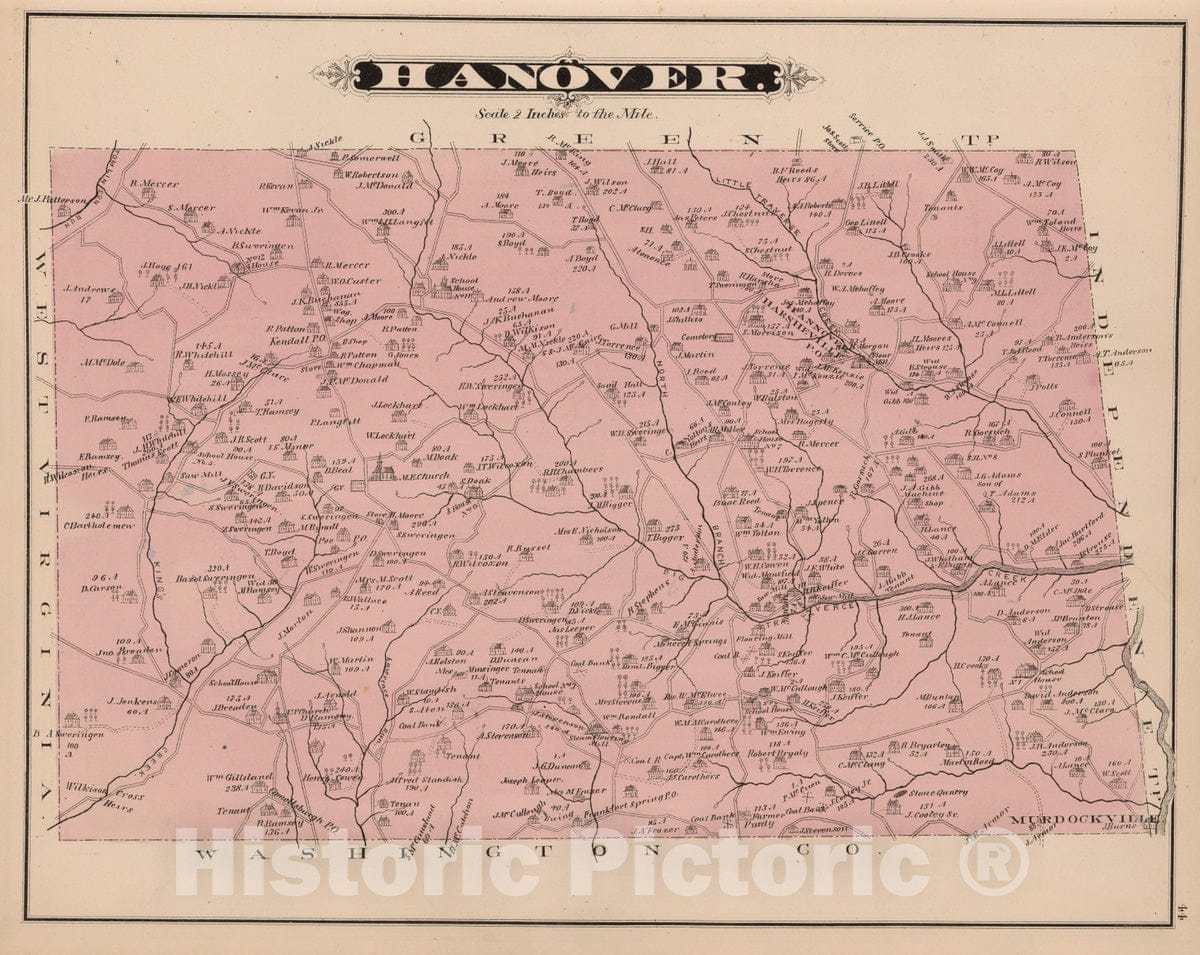 Historic Map : 1876 Hanover Township, Beaver County, PA. - Vintage Wall Art