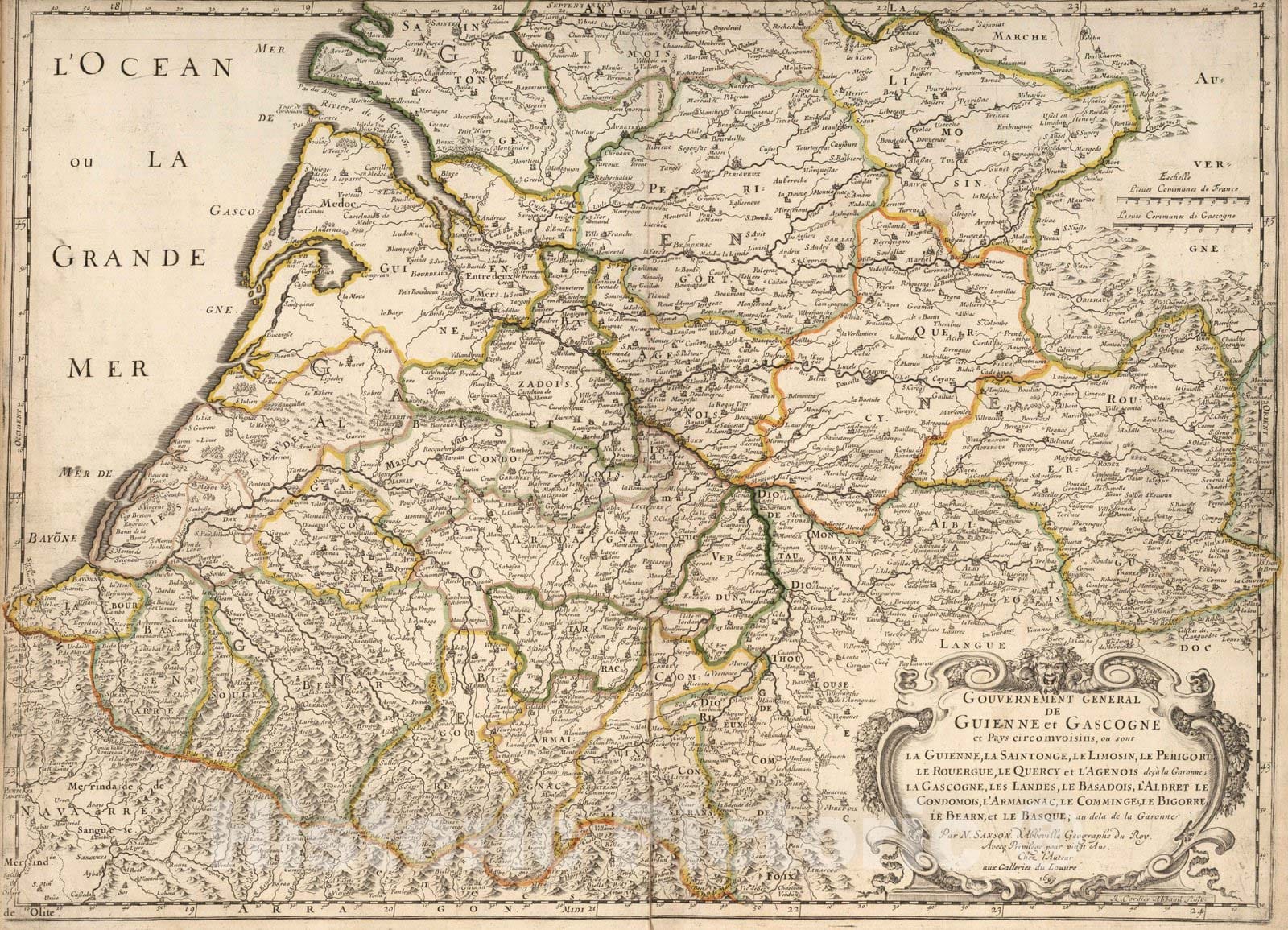 Historic Map : Frrance, 1699 Guienne et Gascogne, France. , Vintage Wall Art