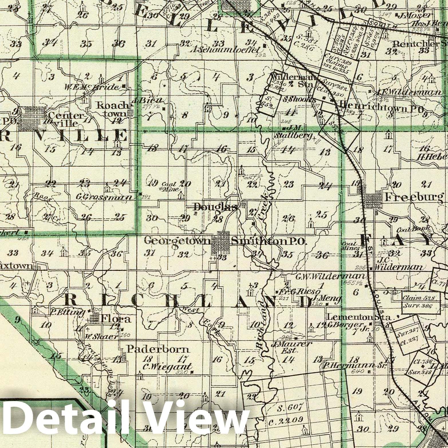 1876 Map of St. Clair County, Illinois with Lebanon & Carlyle - Historical Map Print