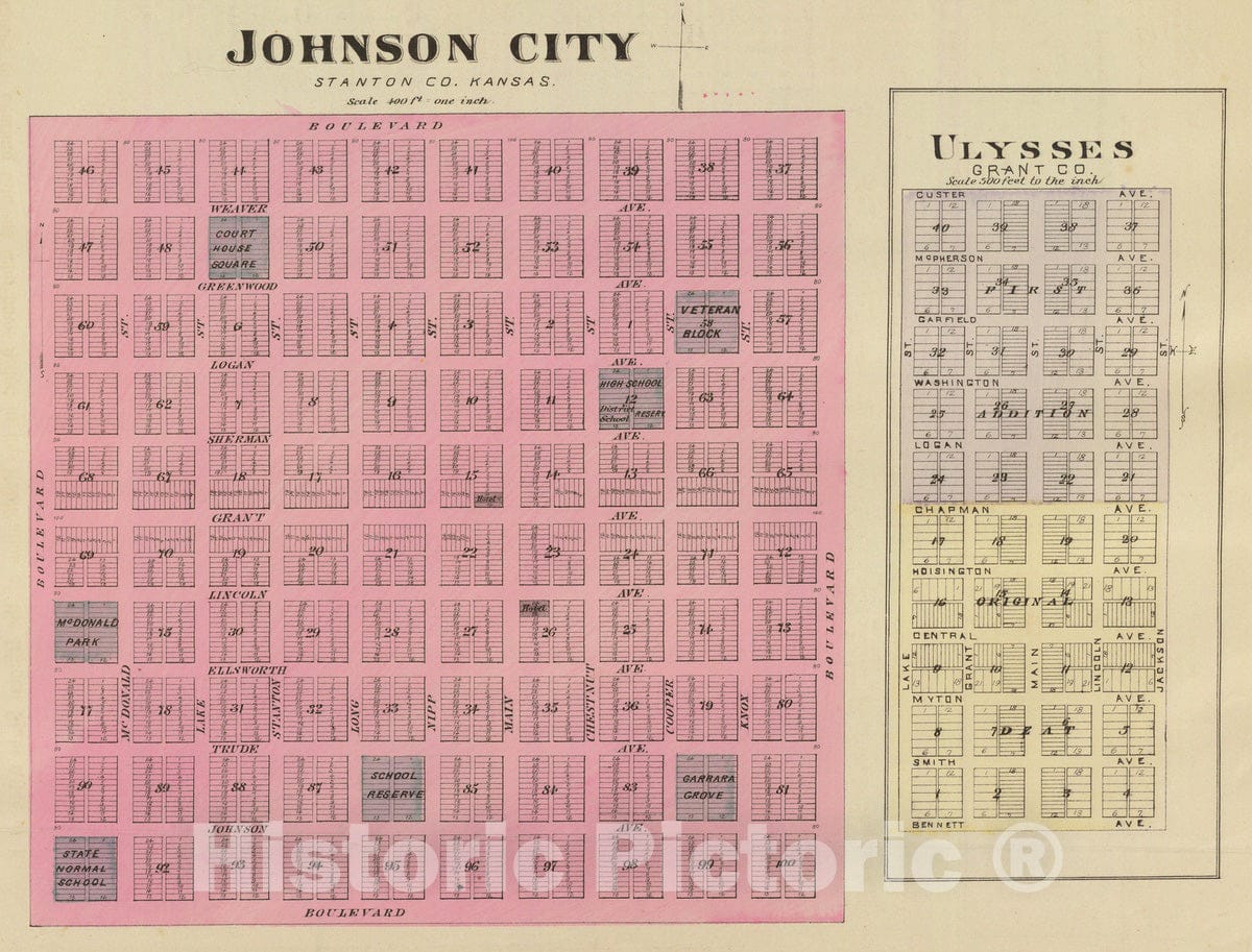 Historic Map : 1887 Johnson City & Ulysses, Kansas, - Vintage Wall Art