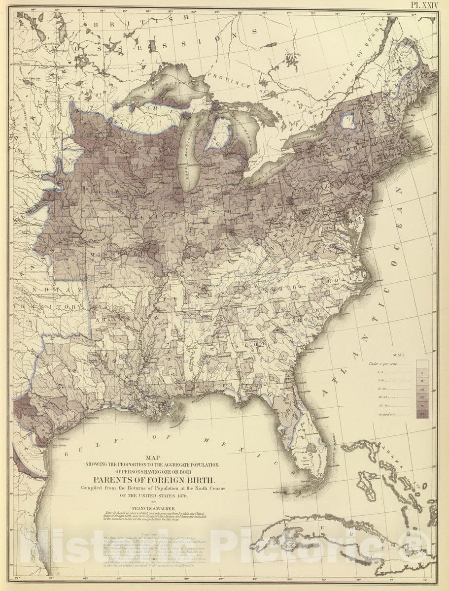 Historic Map : Statistical Atlas - 1874 Foreign parentage proportion 1870. - Vintage Wall Art
