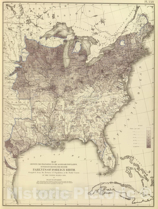 Historic Map : Statistical Atlas - 1874 Foreign parentage proportion 1870. - Vintage Wall Art