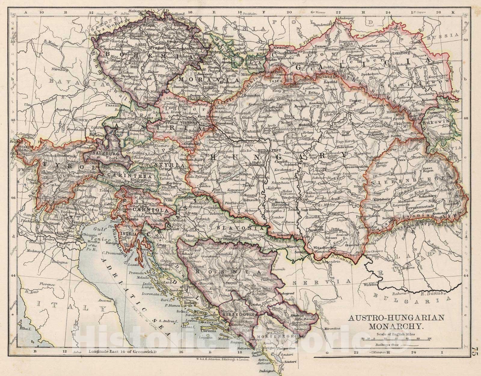 Austro-Hungarian Monarchy - Physical Map, 1906 - Historical Map Print