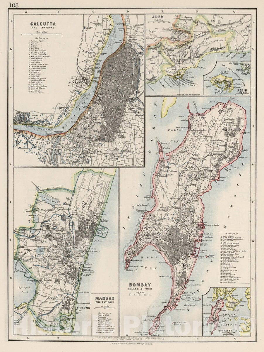 Historic Map : 1906 Calcutta (Kolkata). Madras (Chennai). Bombay (Mumbai). Aden. Perim. - Vintage Wall Art