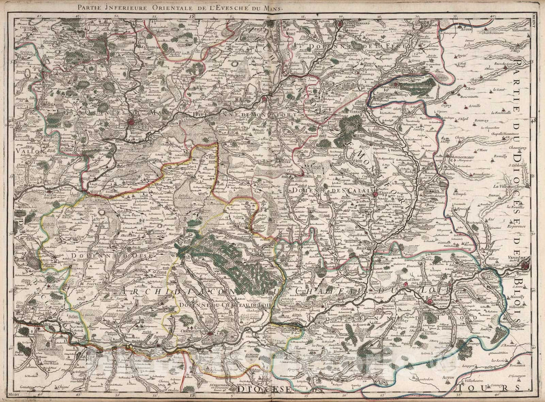 Historic Wall Map : Mans , France 1706 L'Evesche du Mans (southeast sheet). , Vintage Wall Art