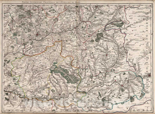 Historic Wall Map : Mans , France 1706 L'Evesche du Mans (southeast sheet). , Vintage Wall Art