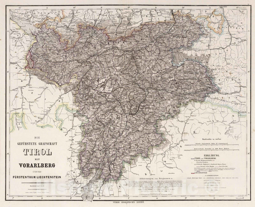 Historic Map : Liechtenstein, 1879 Tirol, Austria. , Vintage Wall Art