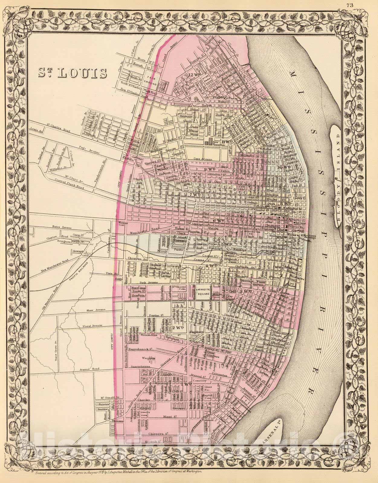 Historic Wall Map : 1880 St. Louis. - Vintage Wall Art