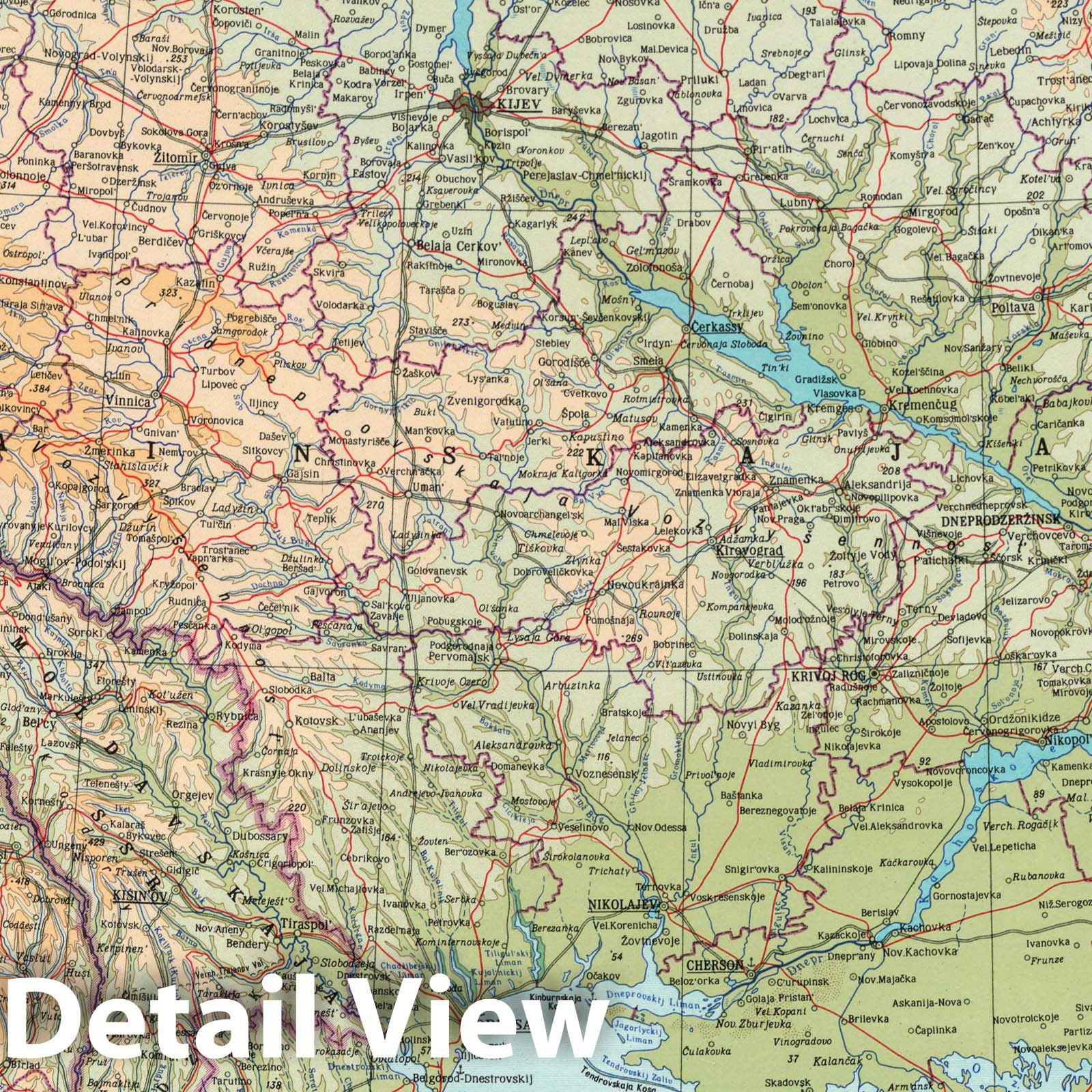 Ukrainian SSR and Moldavian SSR - Physical Map, 1967 - Historical Map Print