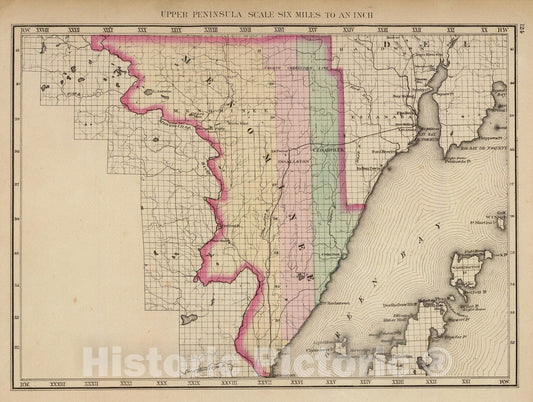 Historic Map : 1873 Upper Peninsula, scale six miles to an inch (Menominee County) - Vintage Wall Art
