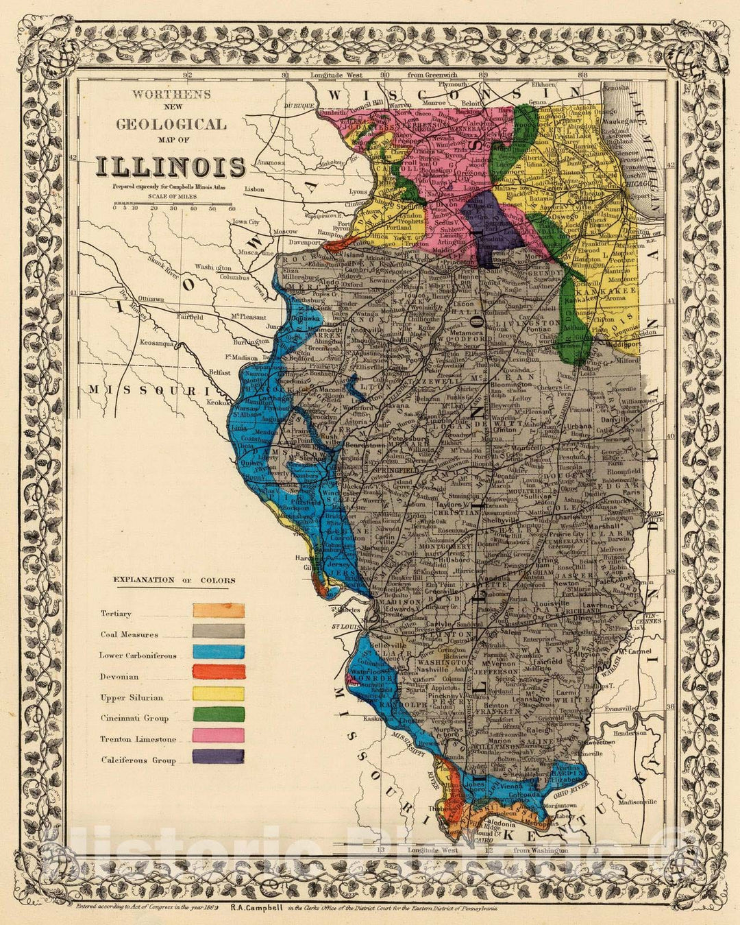 Historic Map : 1870 Geological map, Illinois. - Vintage Wall Art