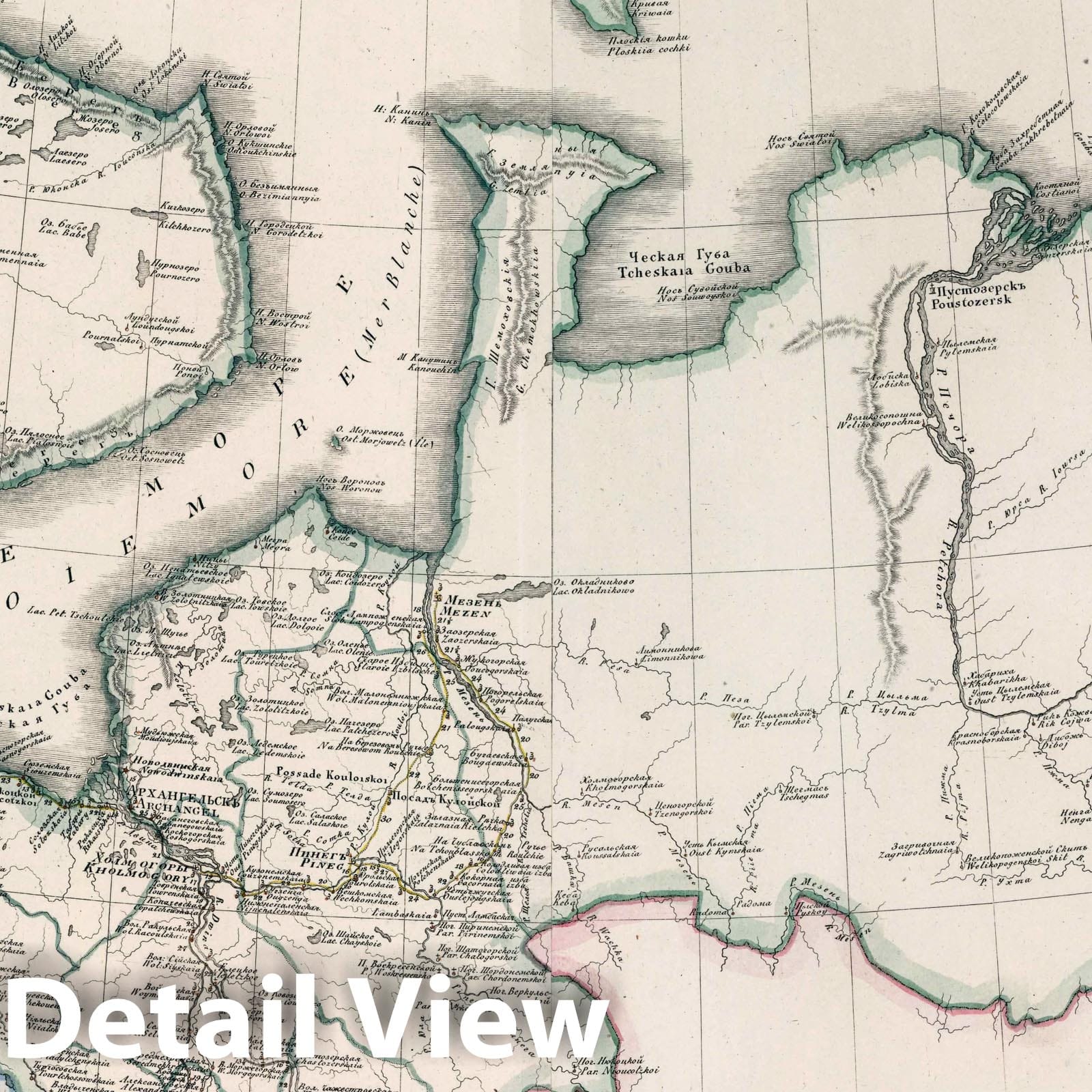 Arkhangelsk Oblast, Russia - Road Map, 1829 - Historical Map Print