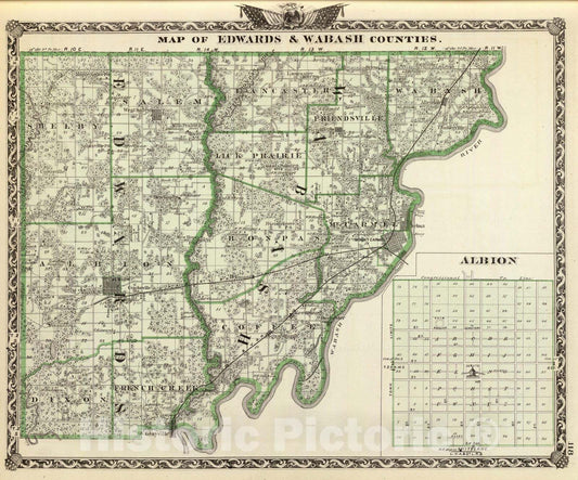 Historic Map : 1876 Map of Edwards & Wabash counties and Albion. - Vintage Wall Art