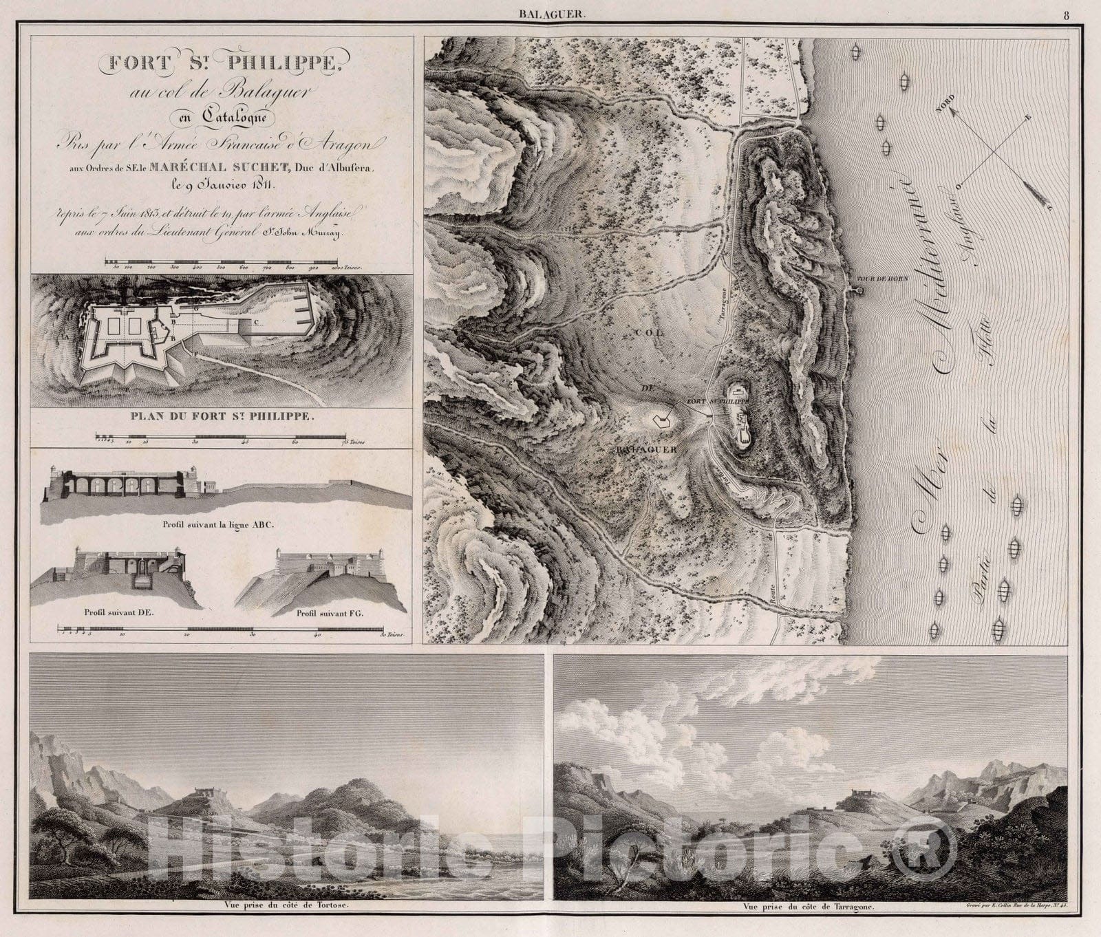 Historic Map : Fort St. Philippe , Spain 1828 Fort St. Philippe au Col de Balaguer en Catalogne le 9 Janvier 1811. , Vintage Wall Art