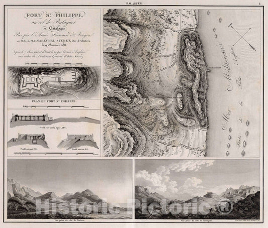 Historic Map : Fort St. Philippe , Spain 1828 Fort St. Philippe au Col de Balaguer en Catalogne le 9 Janvier 1811. , Vintage Wall Art