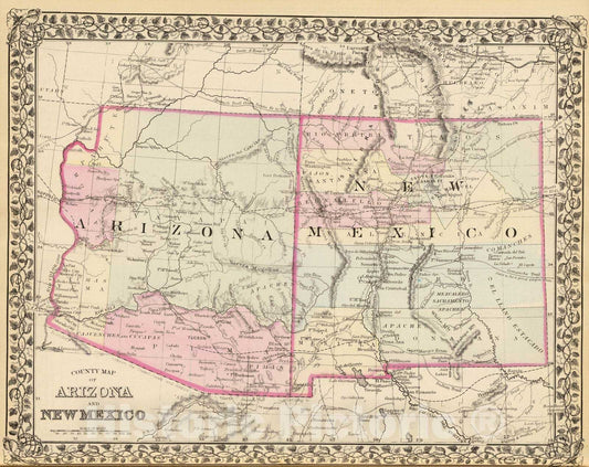 Historic Map : 1880 Arizona, New Mexico. - Vintage Wall Art