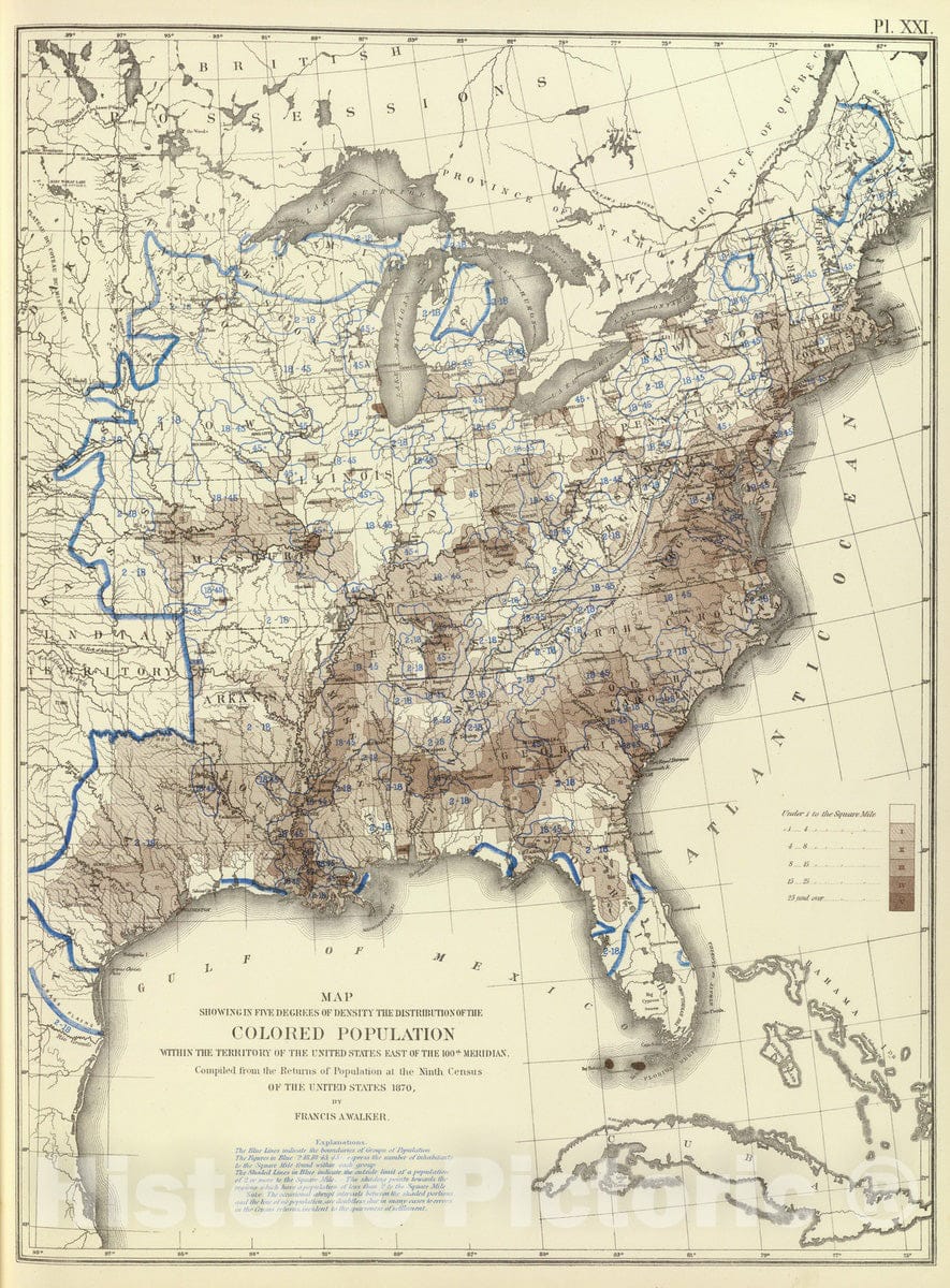 Historic Map : Statistical Atlas - 1874 Colored population density 1870. - Vintage Wall Art