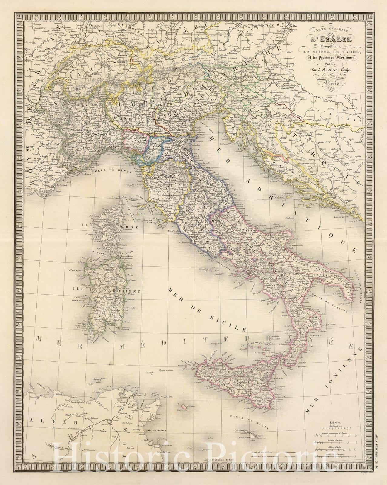 Italy, Switzerland, Tyrol and Illyrian Provinces, 1850 - Historical Map Print