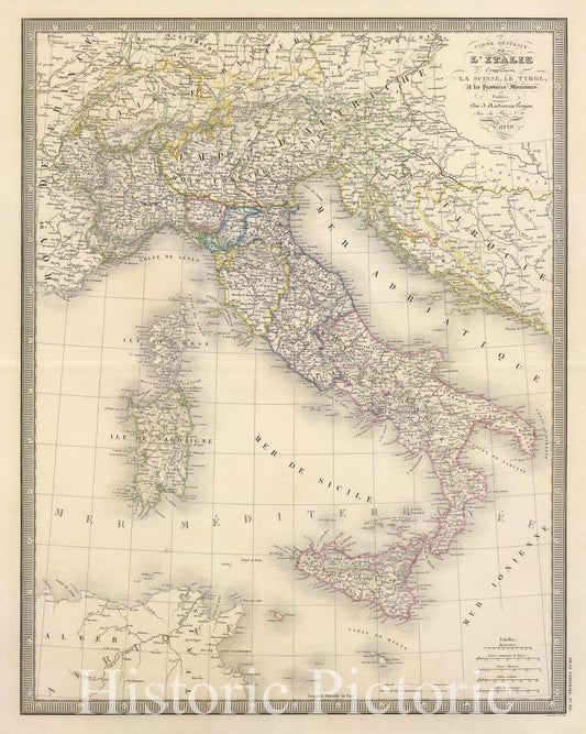 Italy, Switzerland, Tyrol and Illyrian Provinces, 1850 - Historical Map Print