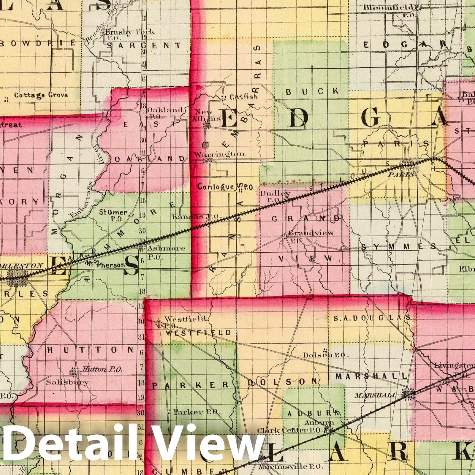 Douglas, Edgar, Coles, Cumberland and Clark Counties, Illinois - Railroad Map, 1870