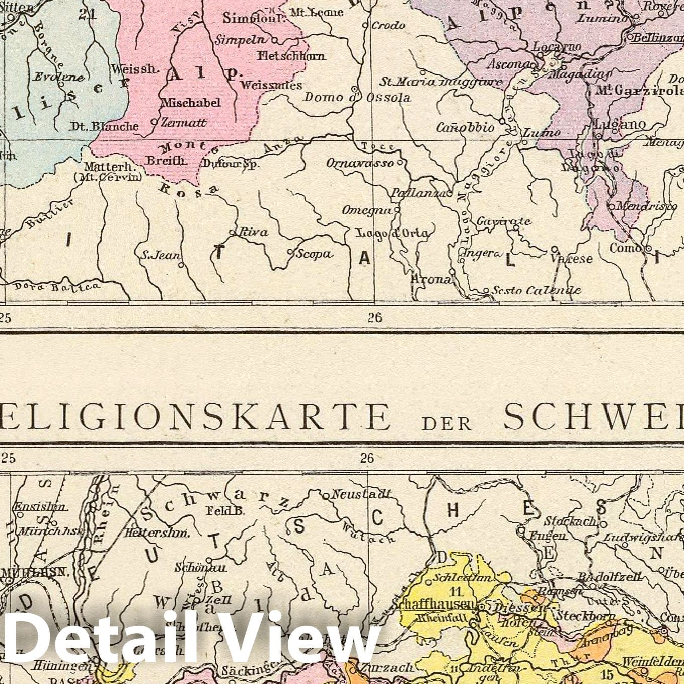 Switzerland 1881 - Historical Map Print with Language and Religious Distribution