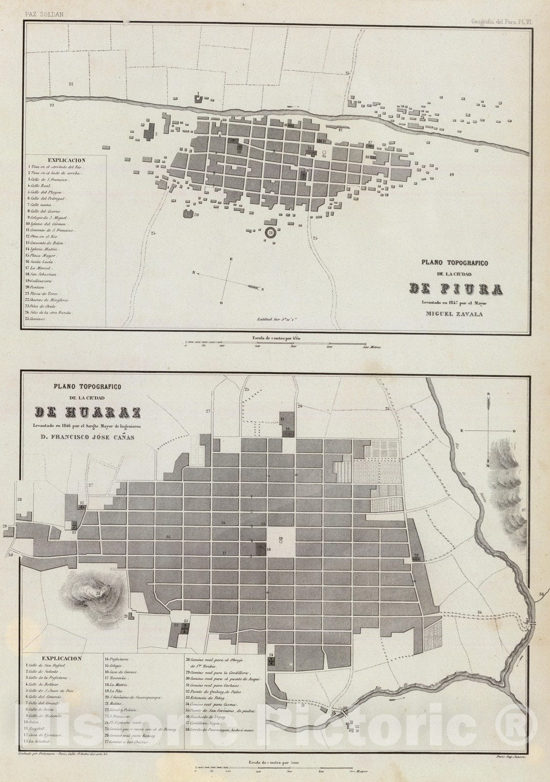 Historic Map : Peru , Huaraz (Peru), 1865 Piura y Huaraz. , Vintage Wall Art