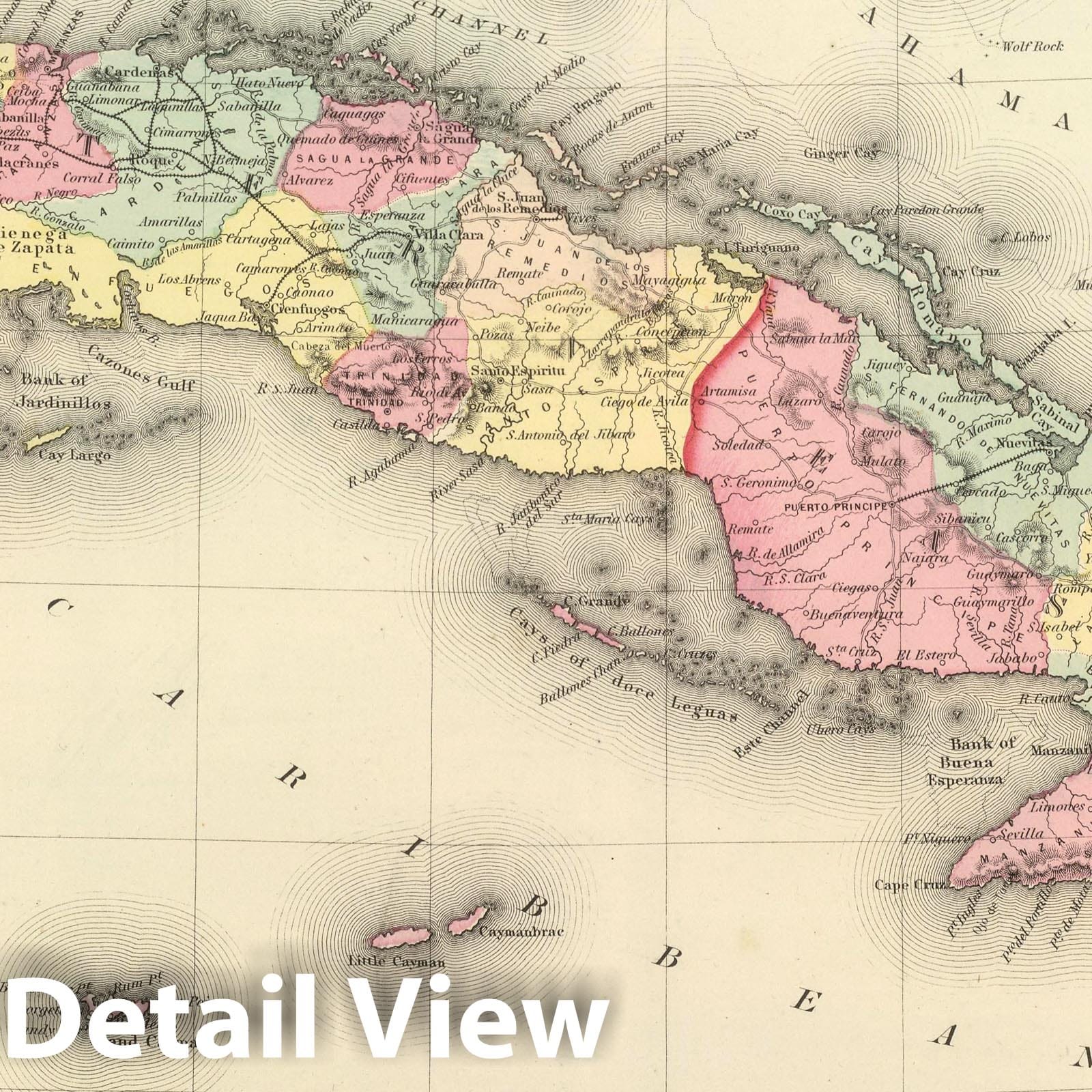 Cuba, Jamaica, and Puerto Rico - Physical Map, 1857 - Historical Map Print