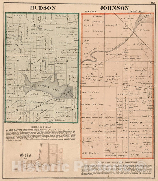 Historic Map : 1874 Hudson and Johnson Townships, Laporte County, Indiana. Otis. - Vintage Wall Art