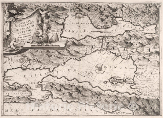 Historic Map : Montenegro, 1688 Disegno Topografico del Canale di Cattaro, Montenegro. , Vintage Wall Art