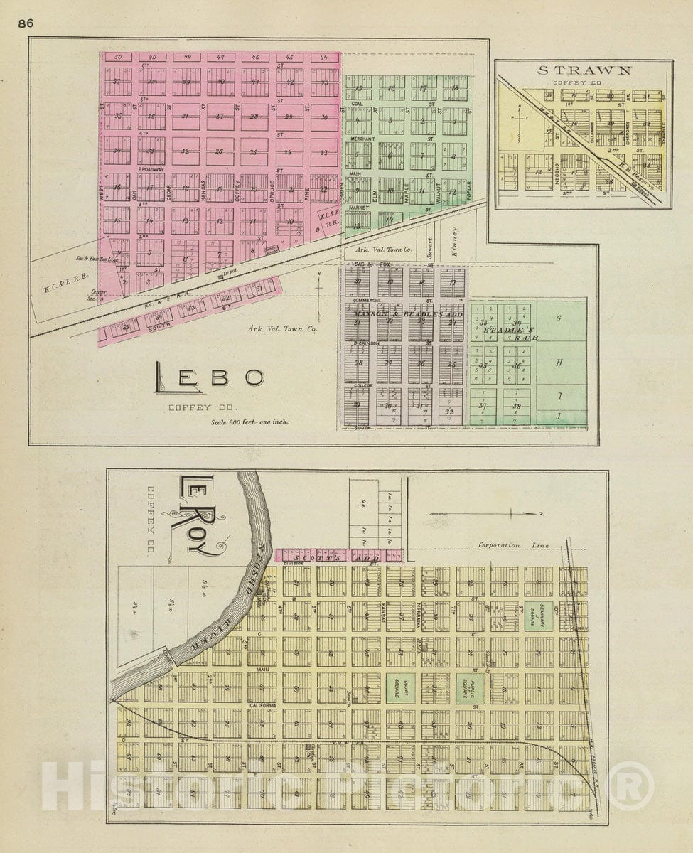 Historic Map : Le Roy (Kan.), Kansas, 1887 Lebo, LeRoy, and Strawn. , Vintage Wall Art