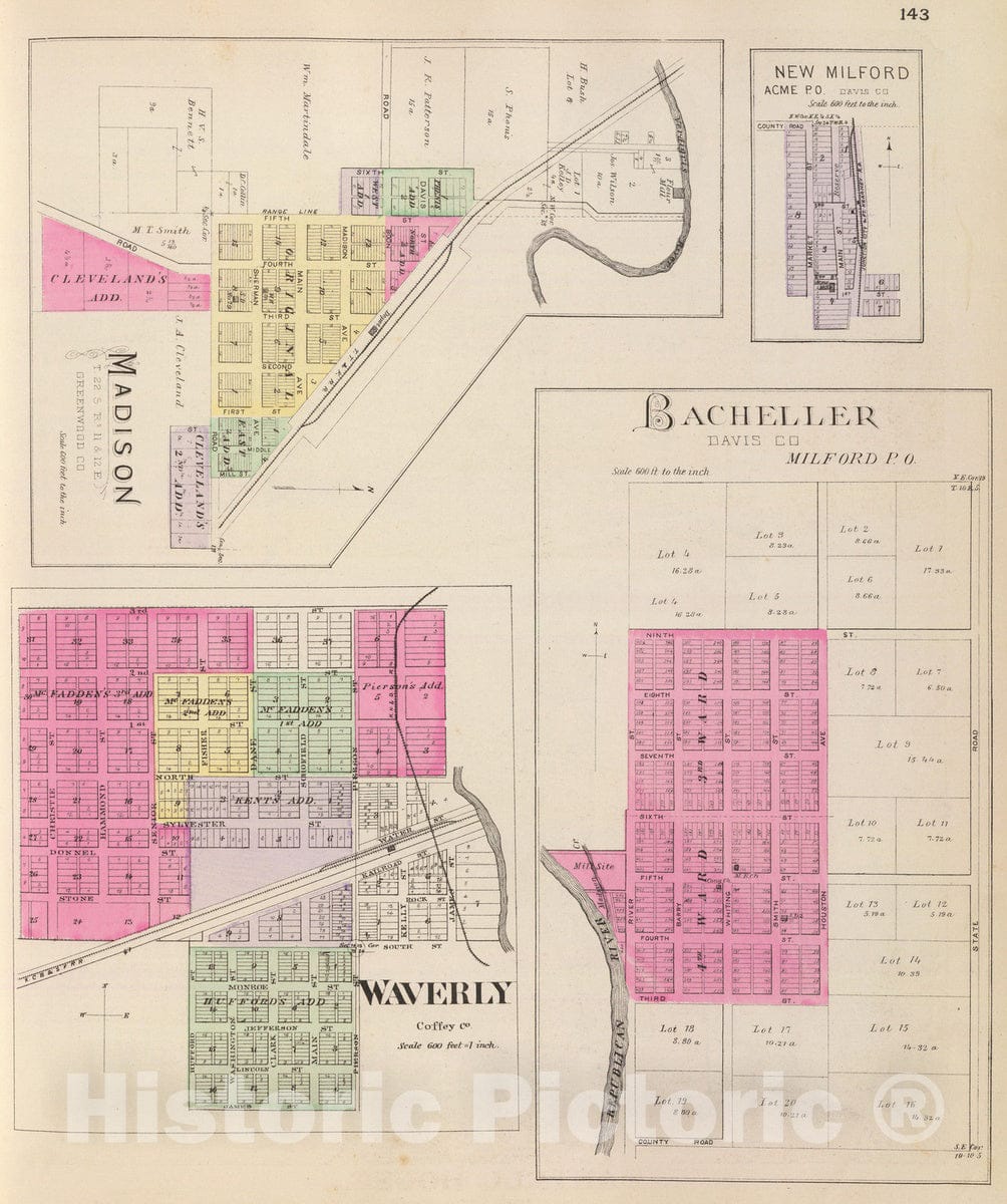 Historic Map : 1887 Madison, Waverly, Bacheller, New Milford. - Vintage Wall Art