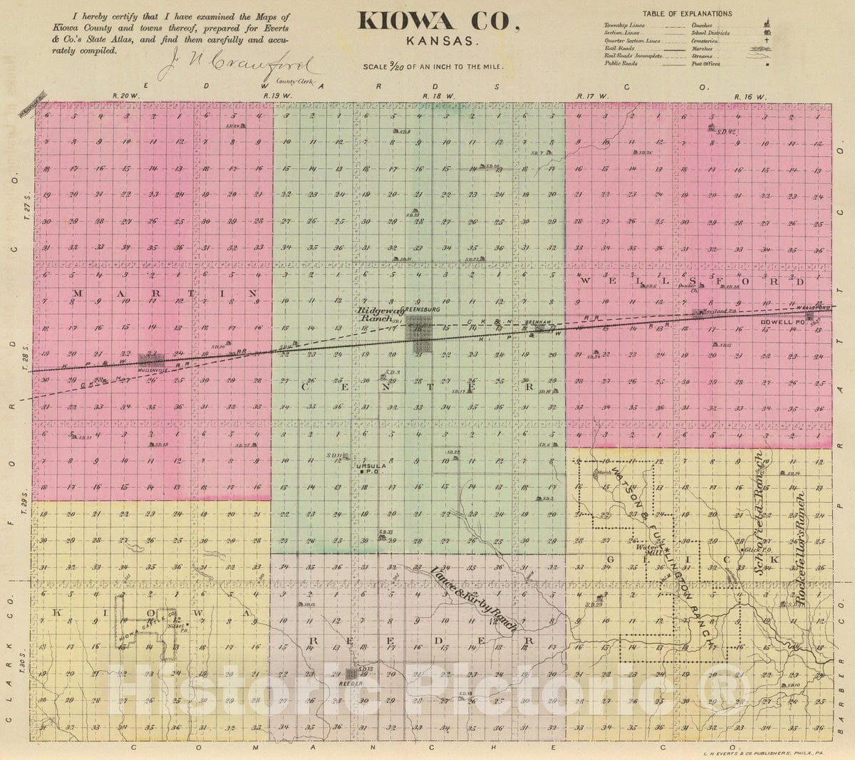 Historic Map : 1887 Kiowa Co, Kansas. - Vintage Wall Art