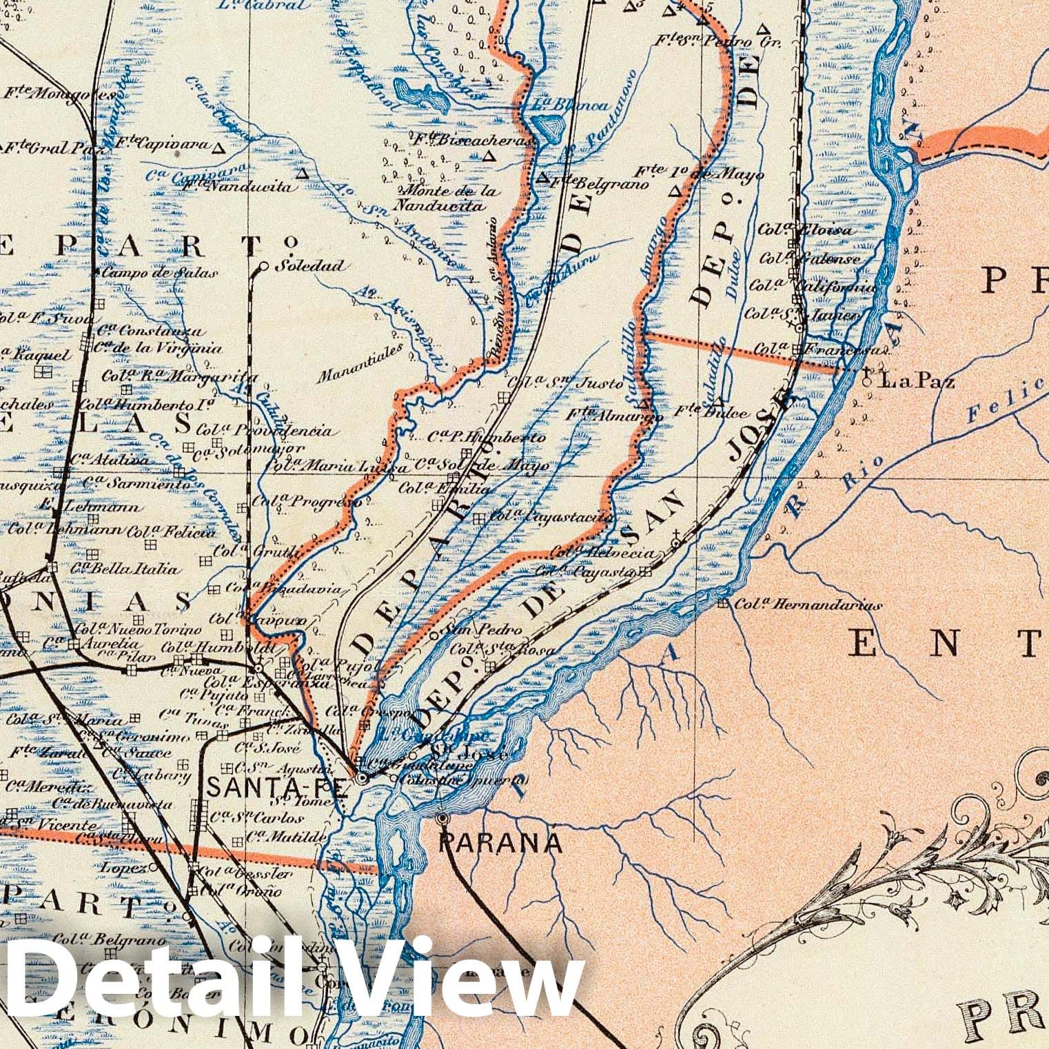 Santa Fe, Argentina - Railroad Map, 1888 - Paz Soldan Atlas Reproduction