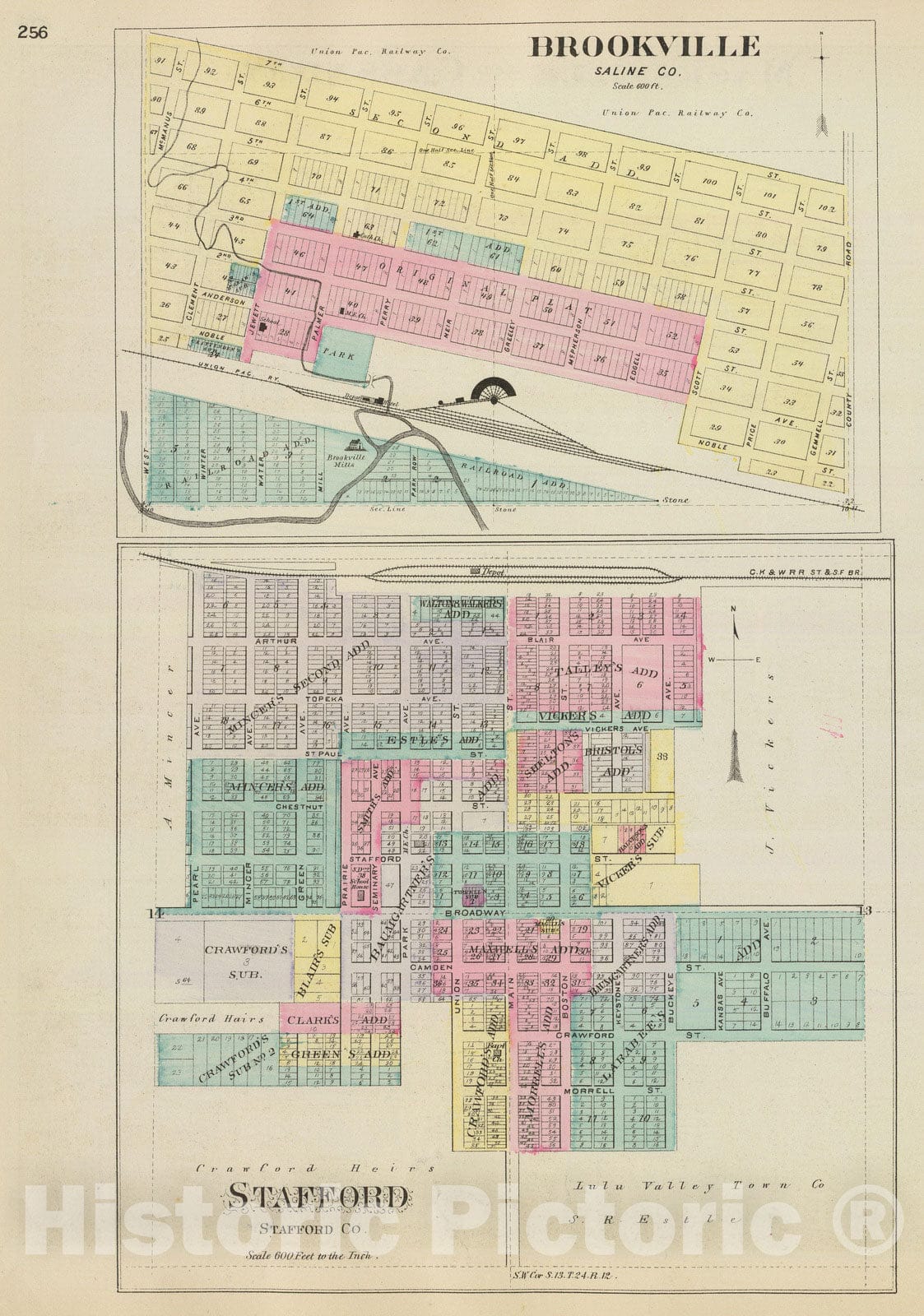 Historic Map : 1887 Brookville, Saline Co; Stafford, Stafford Co. - Vintage Wall Art