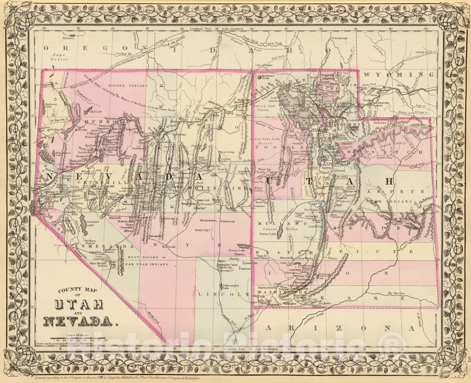 County Map of Utah and Nevada 1880 - Historical Railroad Map Print
