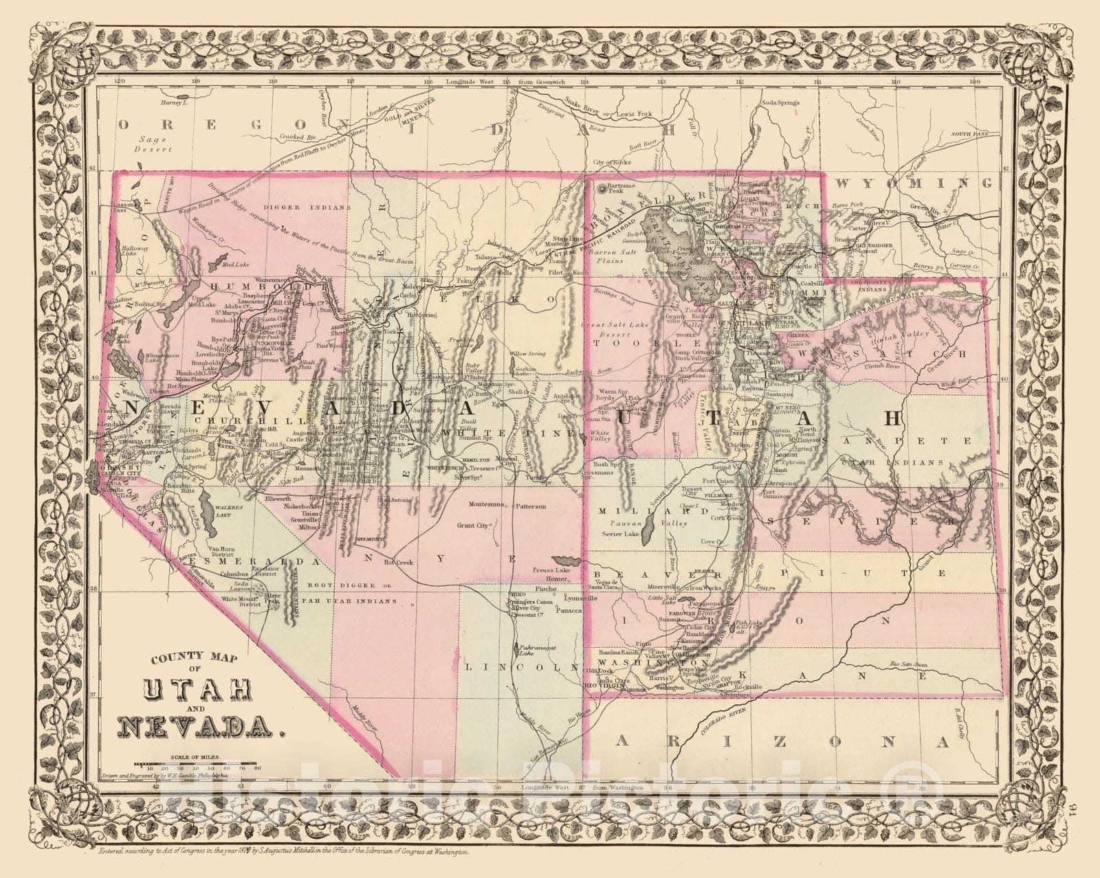 Historic Map - 1880 Utah, Nevada. - Vintage Wall Art