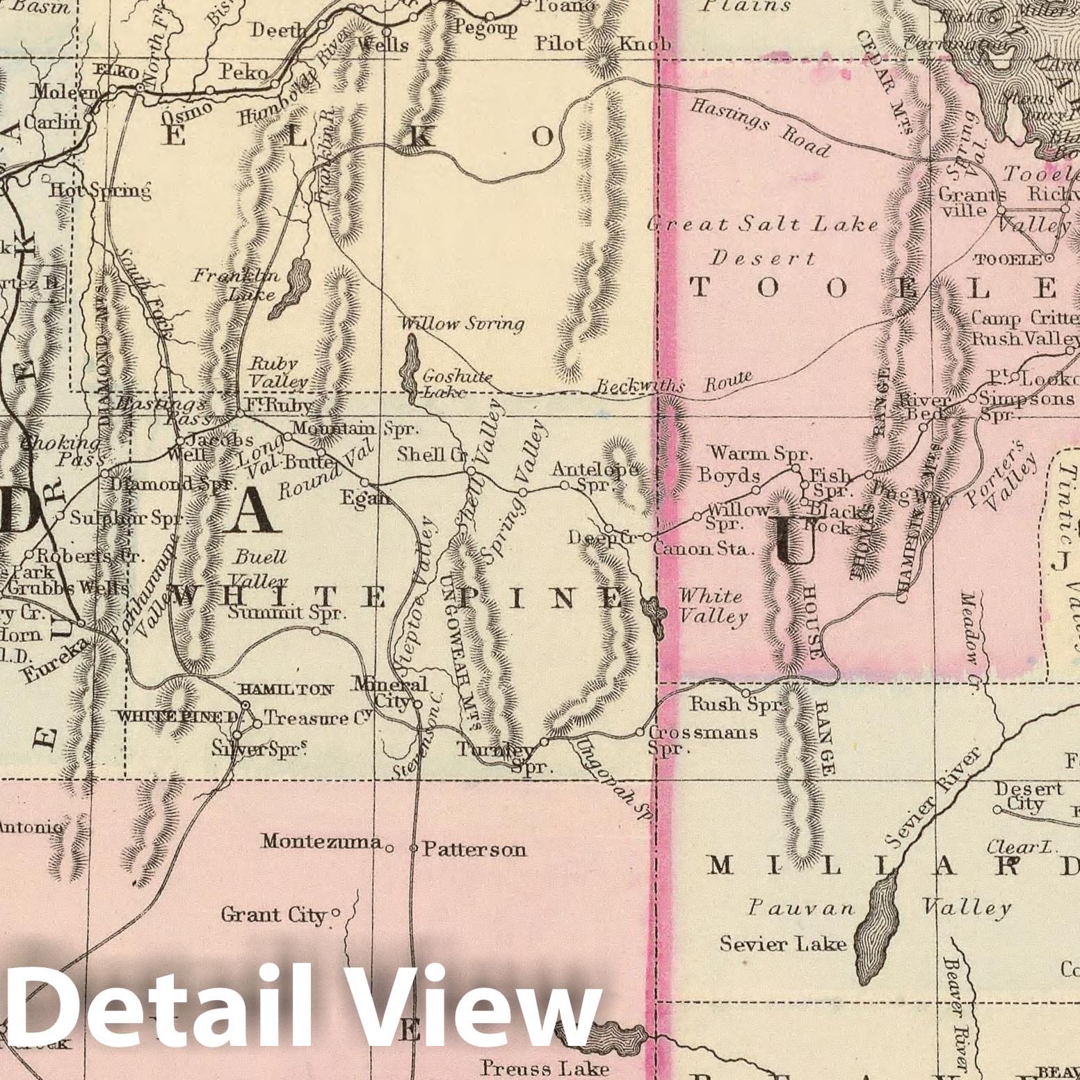 County Map of Utah and Nevada 1880 - Historical Railroad Map Print