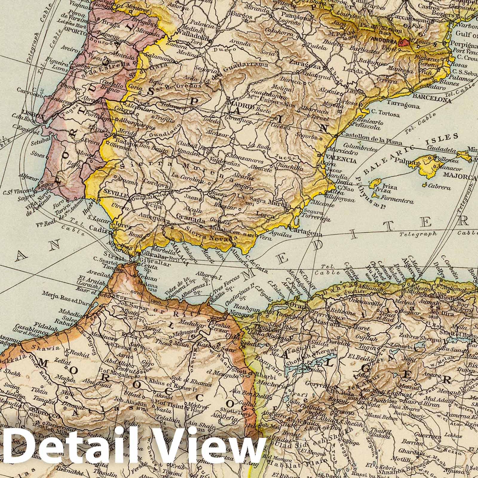Western Mediterranean Sea and Strait of Gibraltar - Railroad Map, 1895