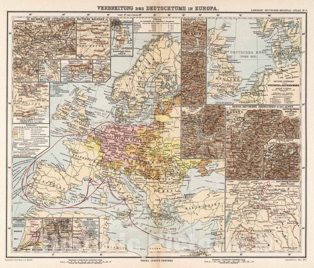 Historic Map : 1894 Nr. 3. Verbreitung des Deutschtums in Europa. (Dissemination of the Germans in Europe.) - Vintage Wall Art