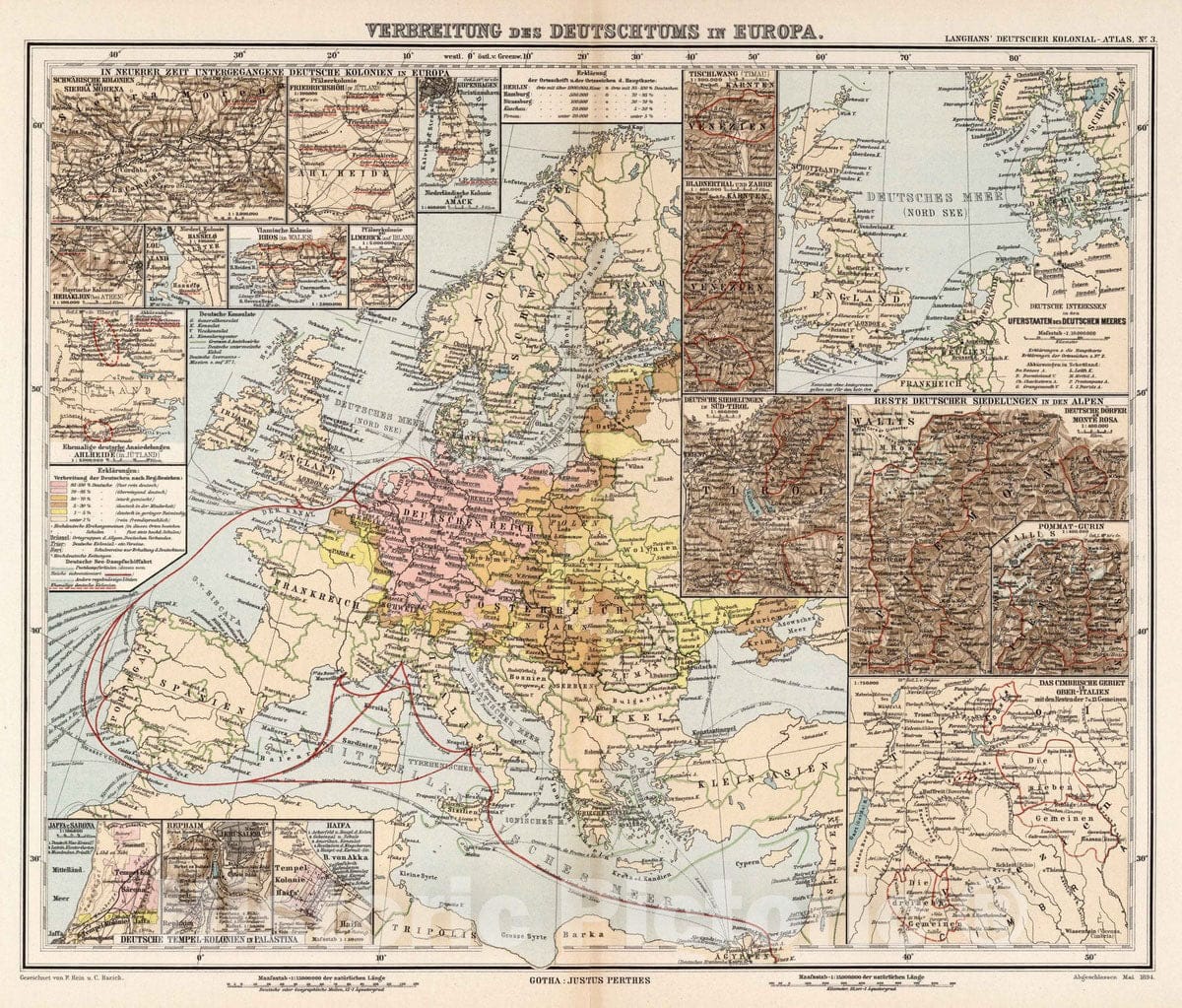 Historic Map : 1894 Nr. 3. Verbreitung des Deutschtums in Europa. (Dissemination of the Germans in Europe.) - Vintage Wall Art