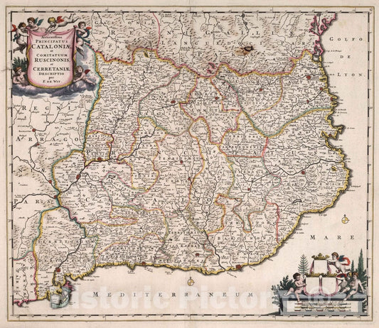 Historic Map : Catalonia , Spain 1682 Accuratissima Principatus Cataloniae et Comitatuum Ruscinonis, et Cerretaniae Descriptio. , Vintage Wall Art