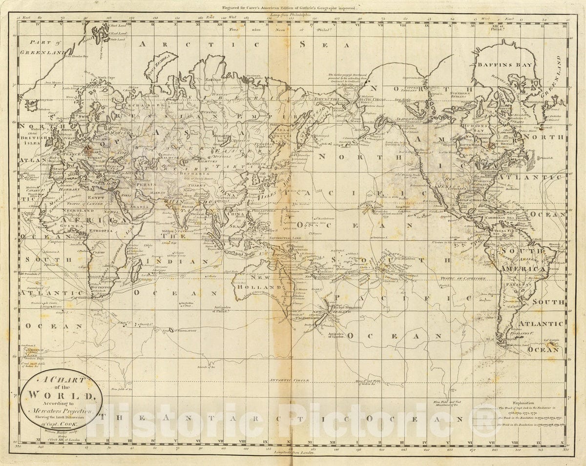 Historic Map : 1796 A Chart of the World According to Mercators Projection. - Vintage Wall Art