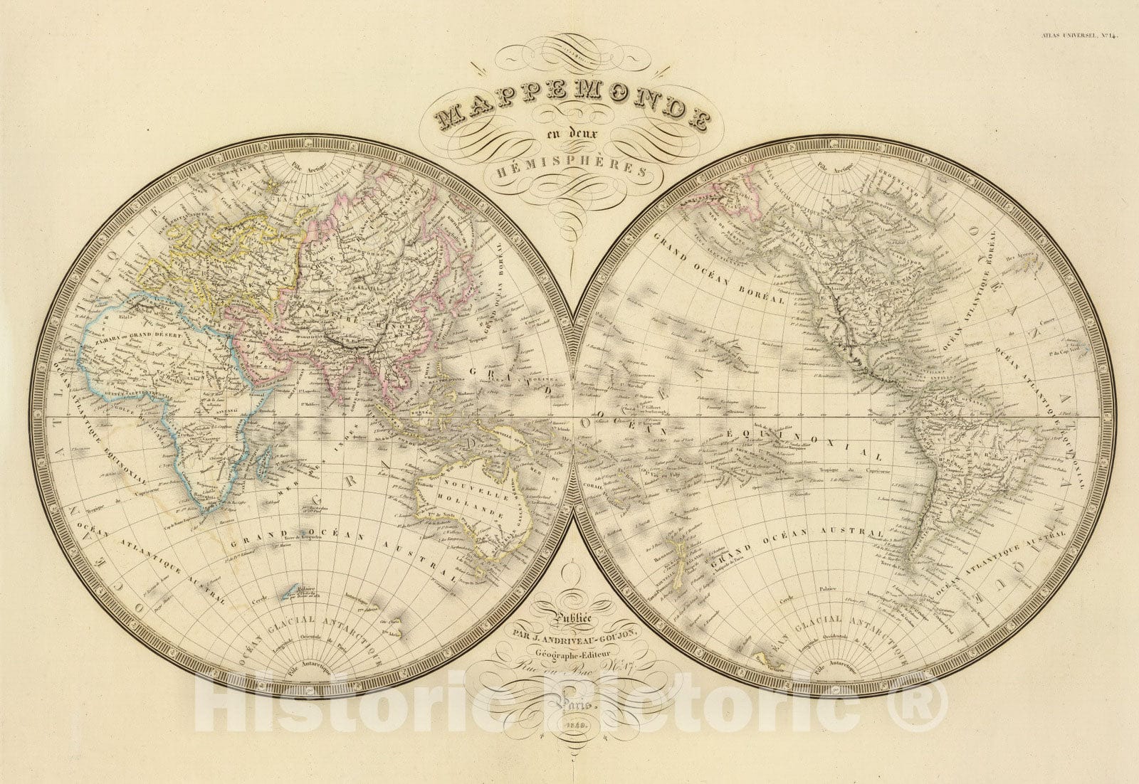 Historic Map : 1849 Mappemonde. - Vintage Wall Art
