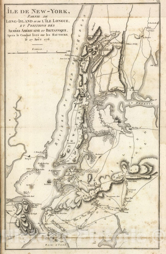 Historic Map : New York (N.Y.), York, 1807 Ile de New York et Positions des Armees Americaine et Britannique, 27 Aout 1776. , Vintage Wall Art