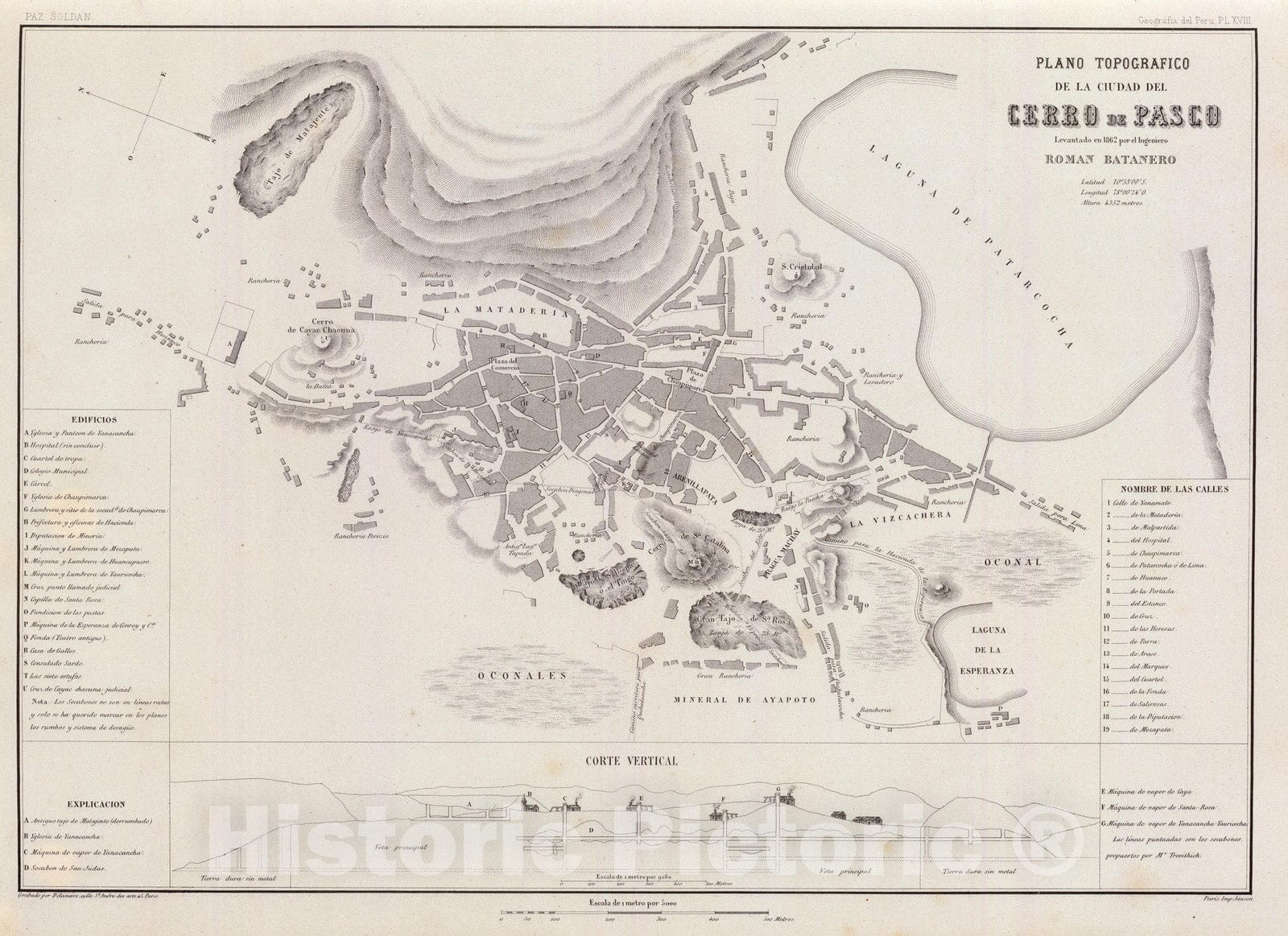 Historic Map : Peru , Cerro de Pasco (Peru), 1865 Plano topografico, Ciudad del Cerro de Pasco. , Vintage Wall Art