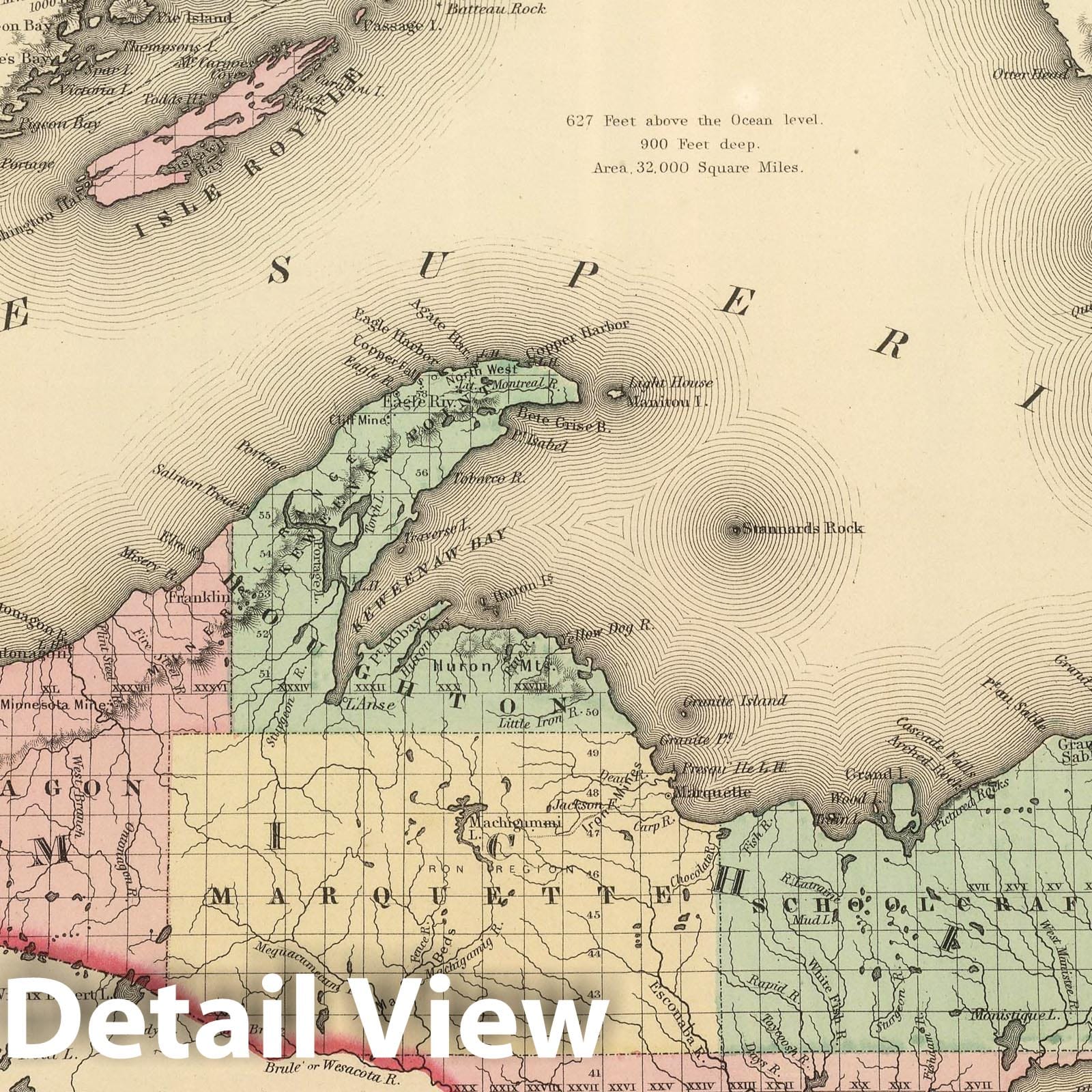 Lake Superior and Northern Michigan - Physical Map, 1857 - Historical Map Print